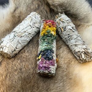 Hand-Tied White Sage Smudge Bundle with Rainbow Flower Accents